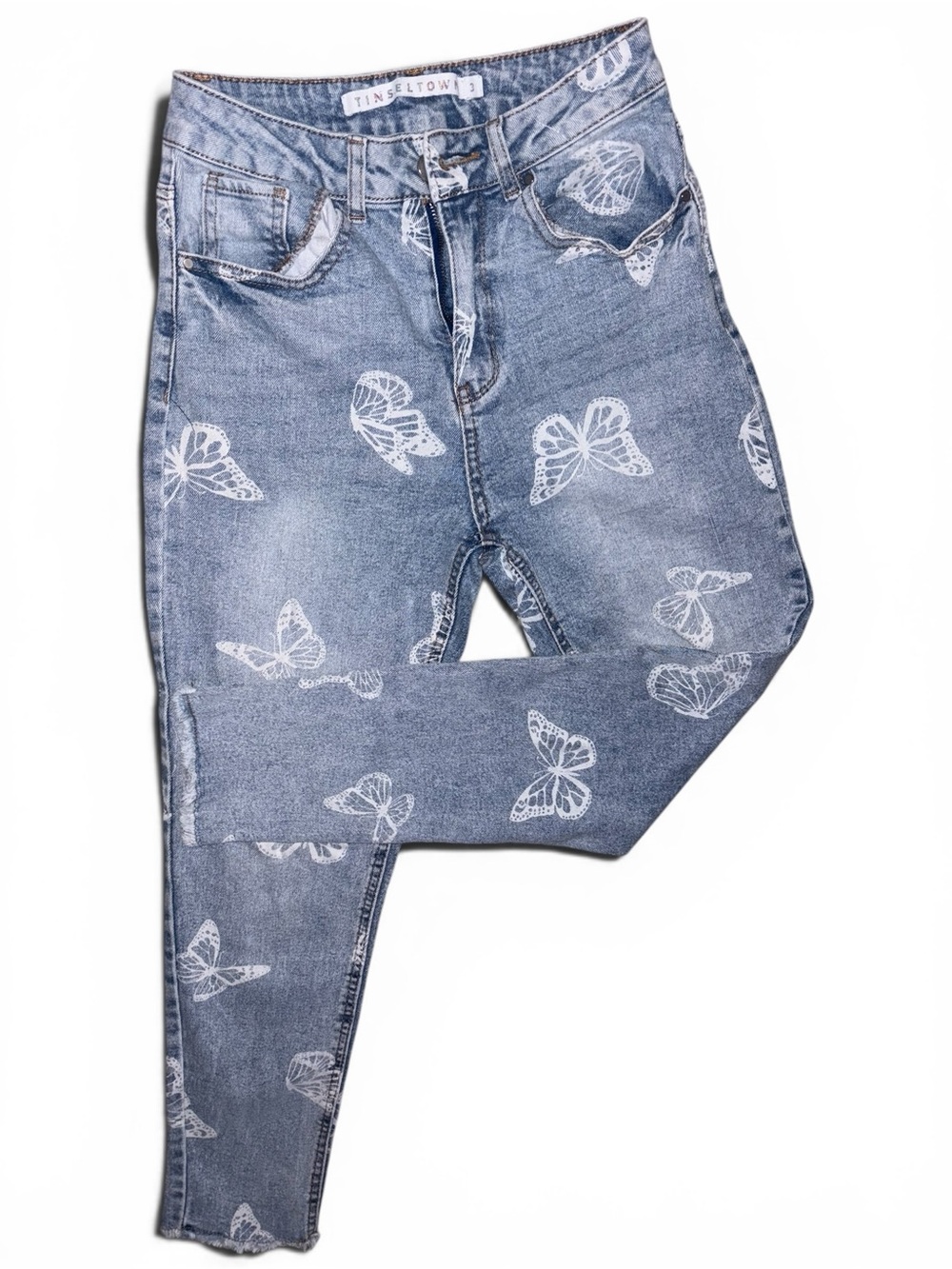 Tinseltown Women's Light Blue Skinny Jeans with White Butterfly Print